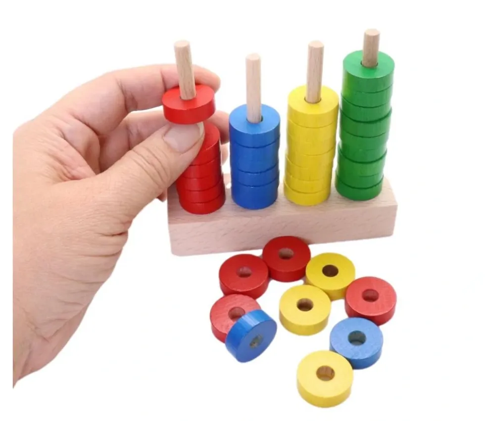 Abaque de tri bois - Socle 4 tiges + 40 jetons rouge vert jaune bleu