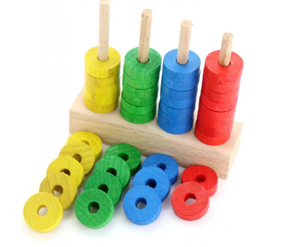 Abaque de tri bois - Socle 4 tiges + 40 jetons rouge vert jaune bleu