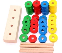 Abaque de tri bois - Socle 4 tiges + 40 jetons rouge vert jaune bleu