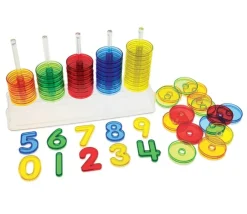Abaque de tri 30 cm- Socle 5 tiges + 50 anneaux translucides colorés 5 cm + 10 chiffres