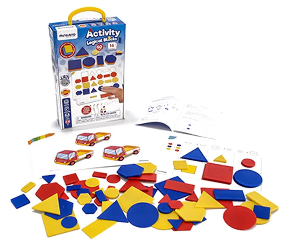 Blocs logiques 2 tailles : jeu 60 formes géométriques + 16 fiches d'activités