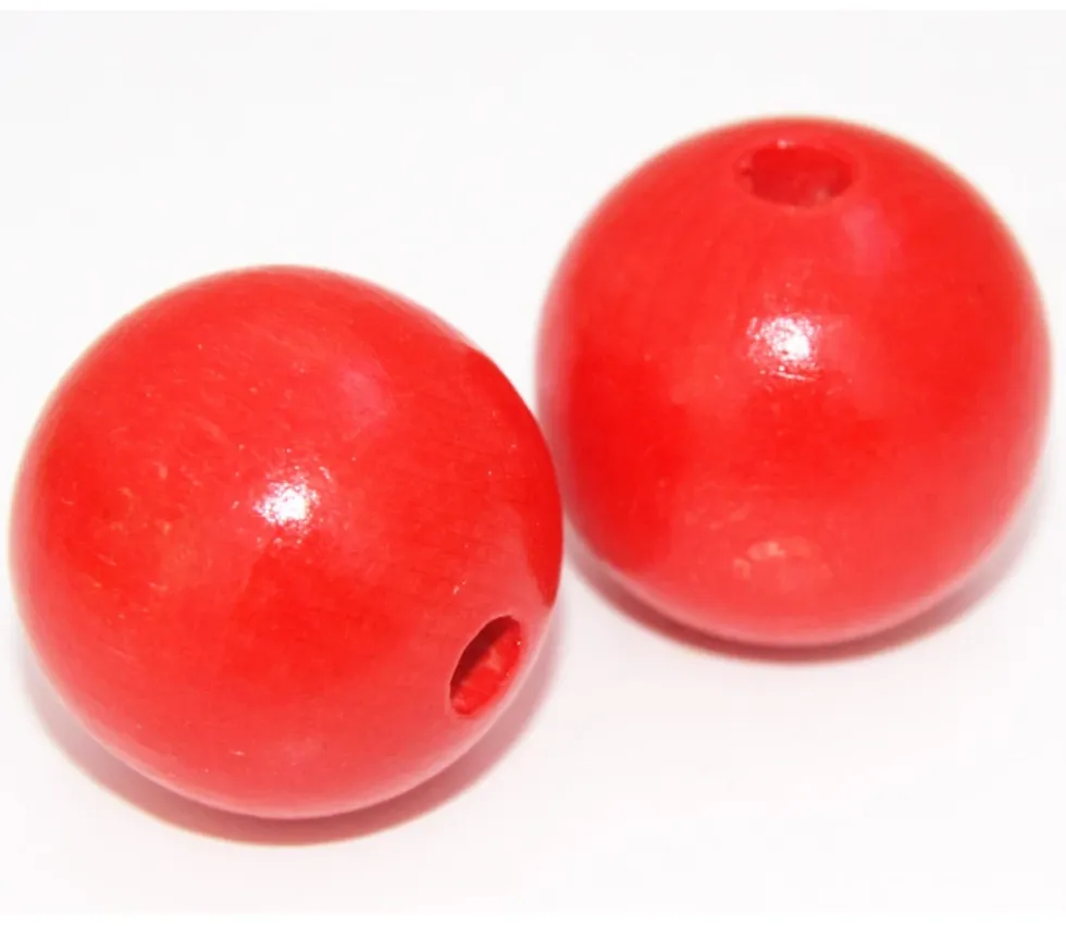 Boule percée 3 cm couleur rouge en bois - grosse perle hêtre diamètre 30 mm trou 6 mm