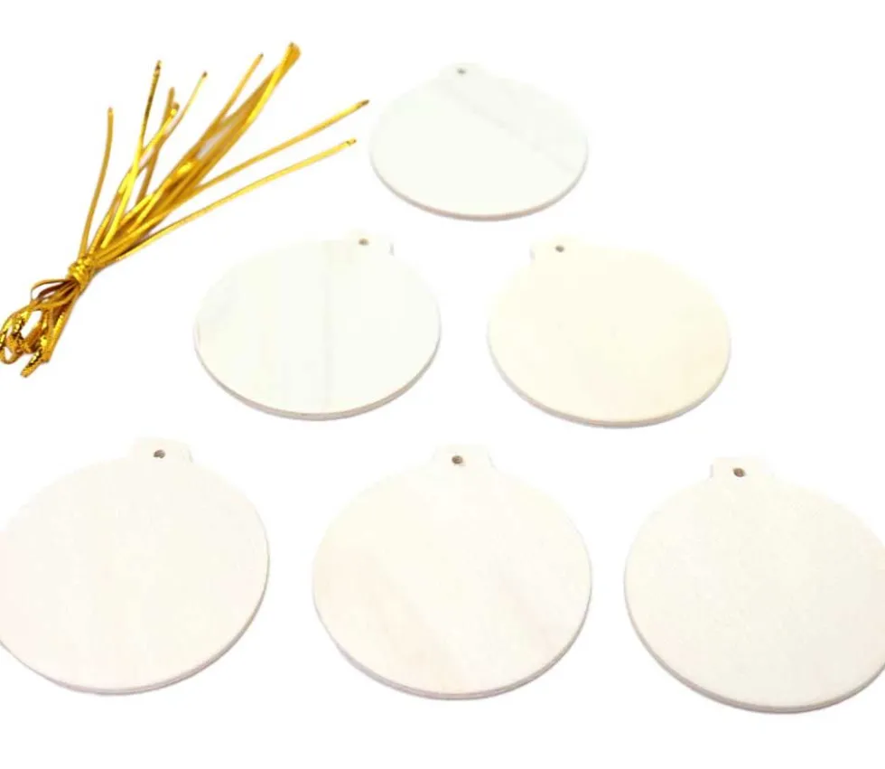 6 boules en bois plates à décorer et suspendre 6 cm