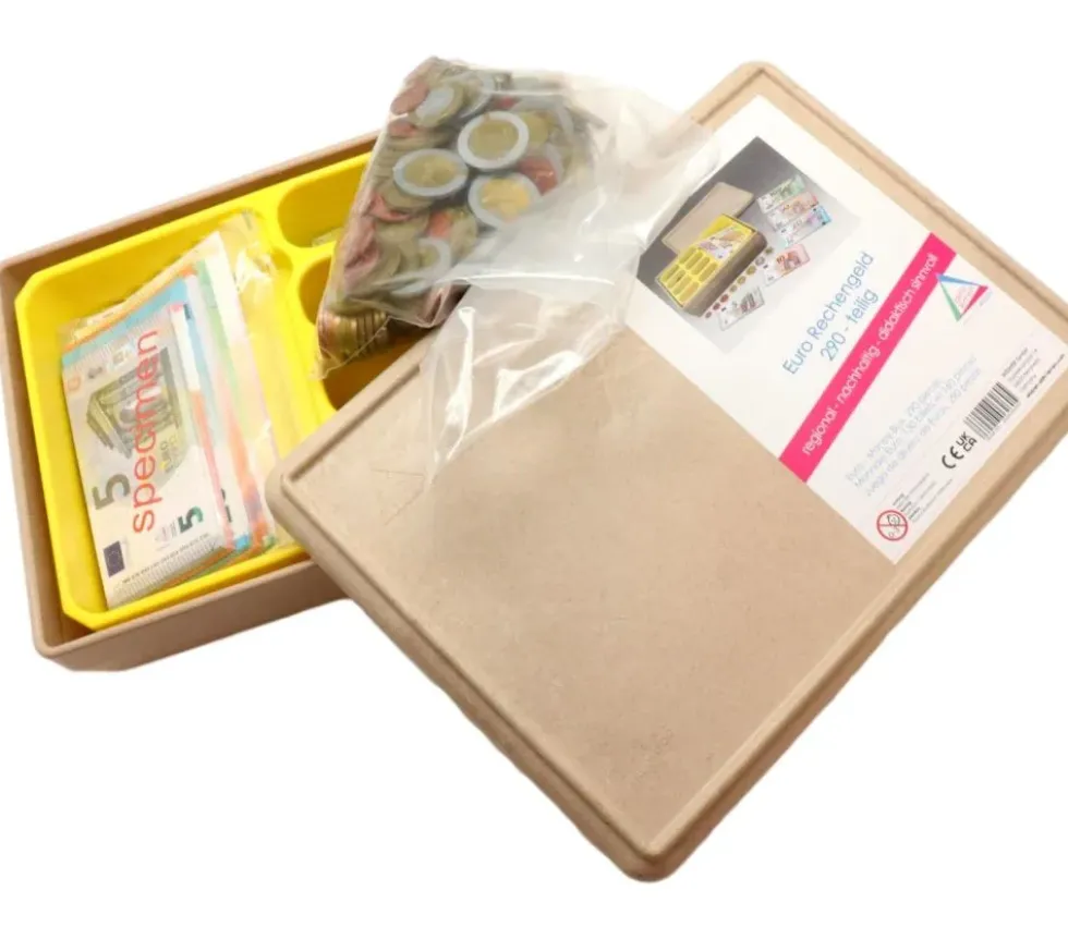 Caissette avec 290 pièces et billets euros factices de jeux