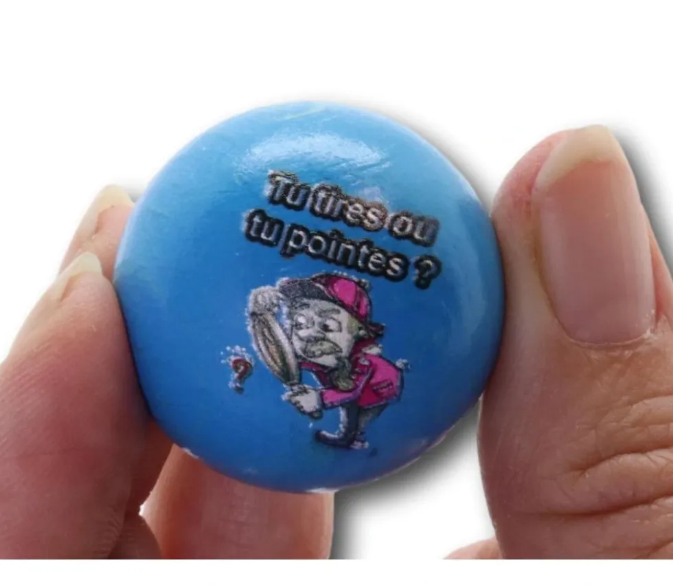 Cochonnet FUN "tu tires ou tu pointes" hêtre 3 cm bleu
