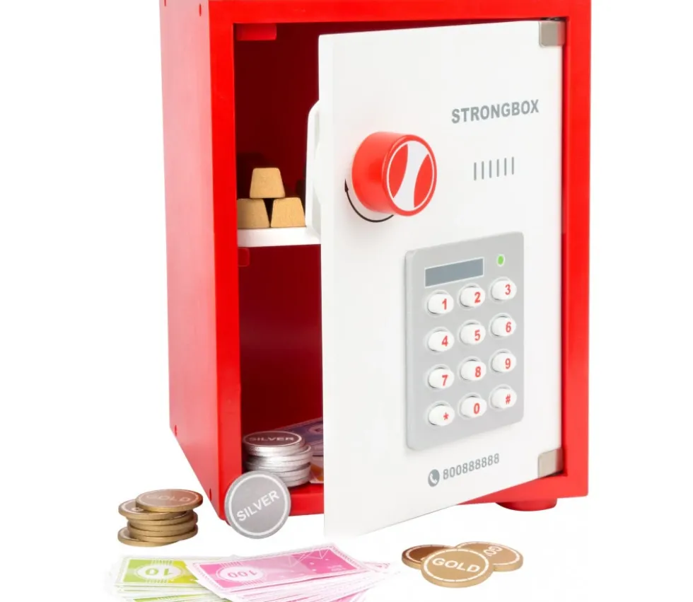 Coffre fort en bois avec argent factice - 68 pièces.