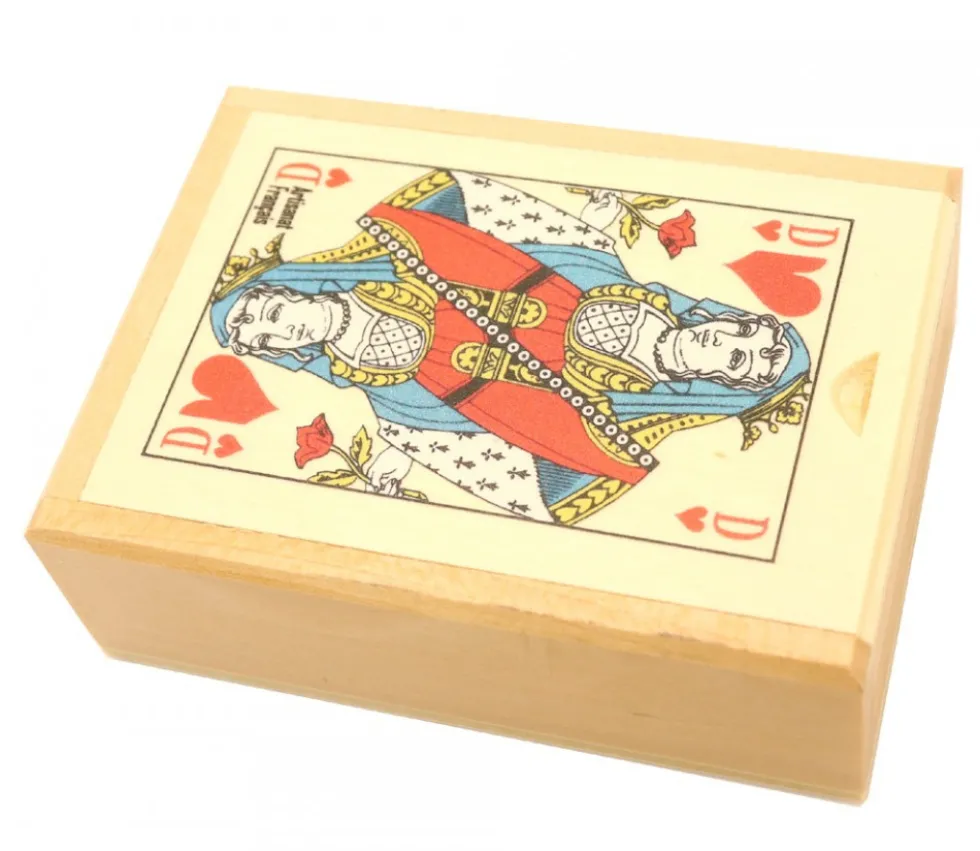 Coffret bois belote 10.5 x 7.6 x 3.4 cm avec jeu cartes sans jetons