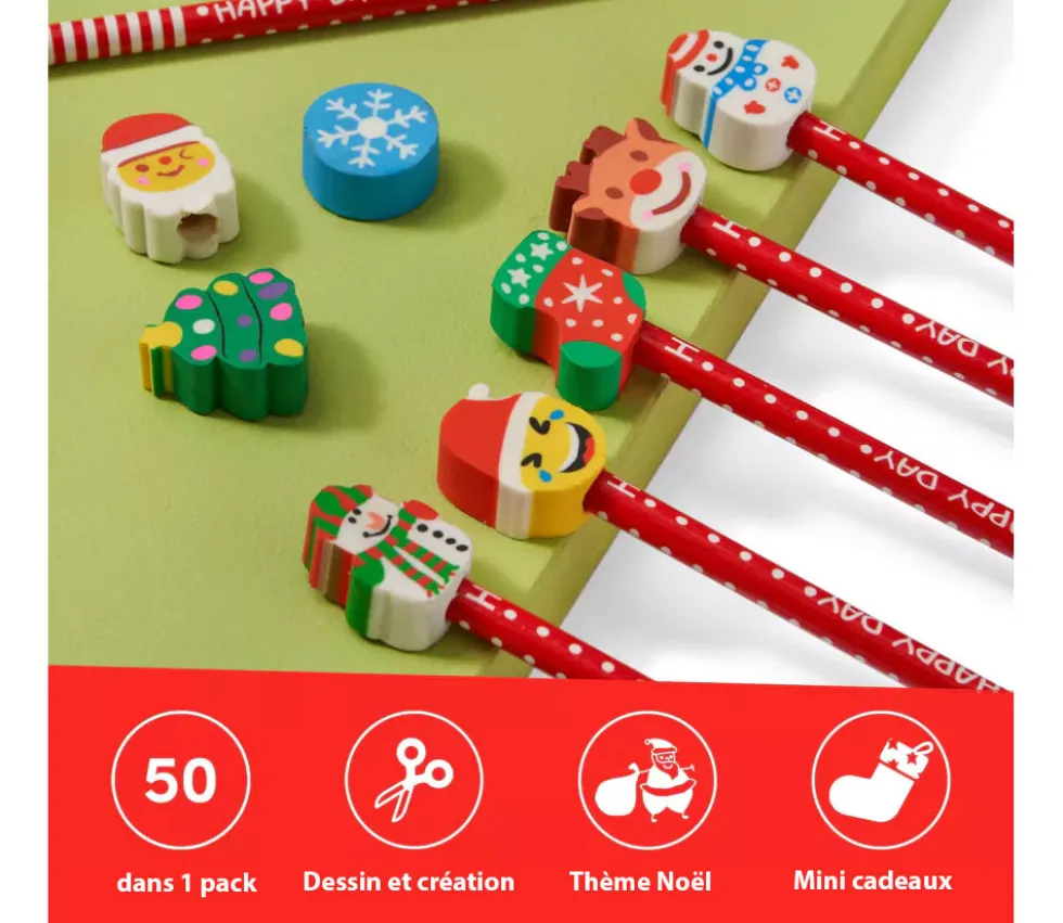 50 crayons de papier Noël avec gomme