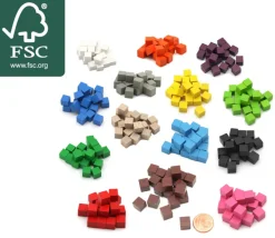 20 Cubes en bois 0.8 cm. 8x8x8 mm par couleur