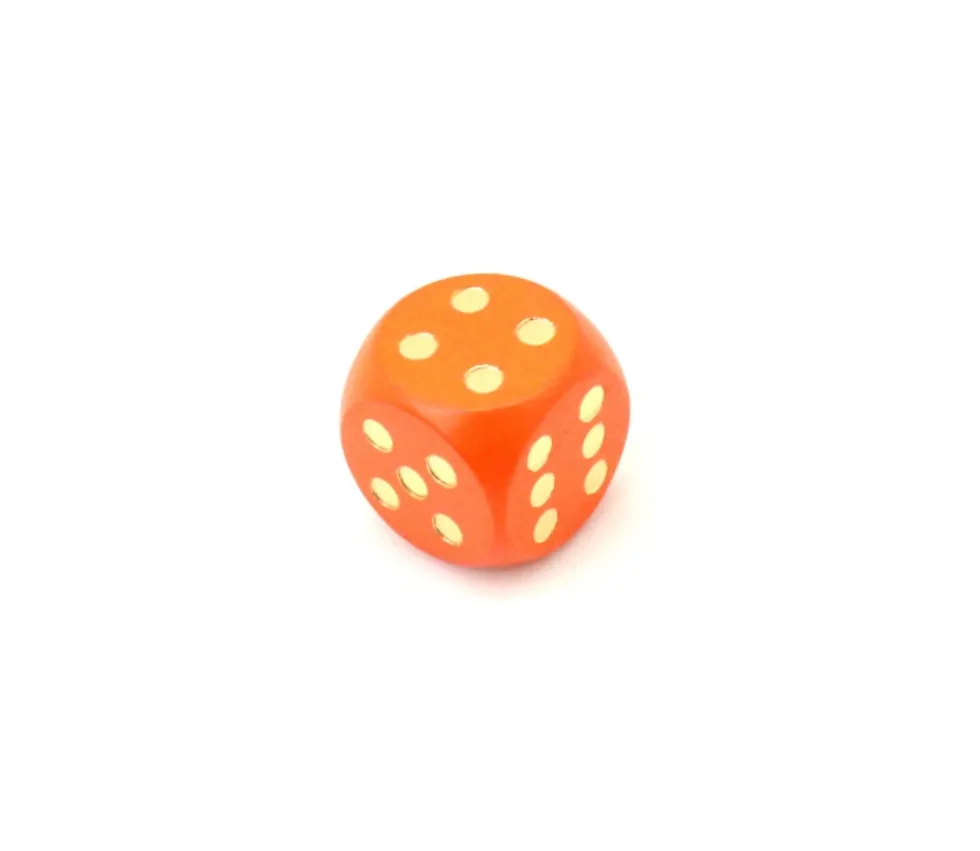Dé bois orange 16 mm points dorés de 1 à 6 pour jeu de société