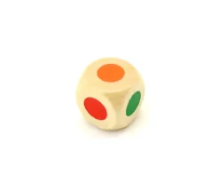 Dé bois 6 points couleurs 16 mm rouge, vert, jaune, bleu, violet et orange