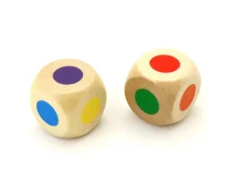 Dé bois 6 points couleurs 16 mm rouge, vert, jaune, bleu, violet et orange
