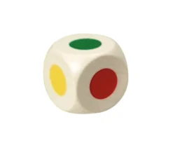 Dé bois 6 points couleurs 16 mm rouge, vert, jaune, bleu, violet et noir.