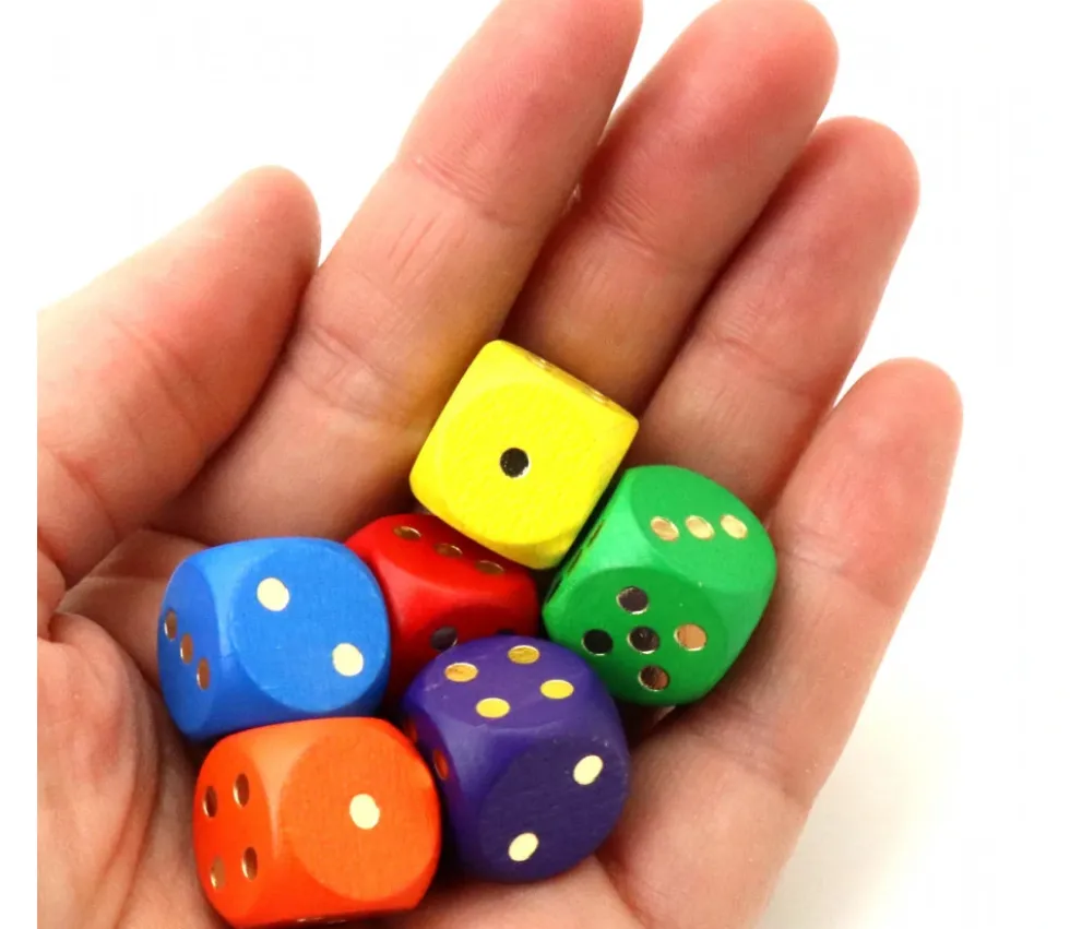 Dé bois rouge 16 mm points dorés de 1 à 6 pour jeu de société