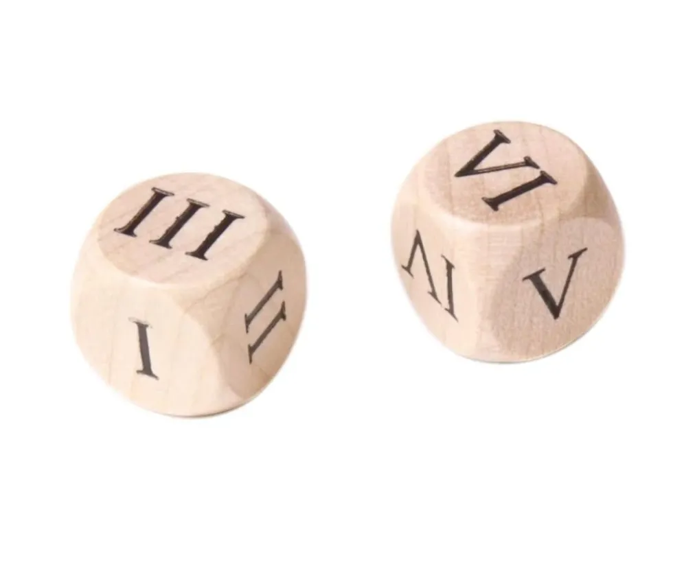 Dé chiffres romains I,II,III,IV,V,VI 16 mm en bois naturel