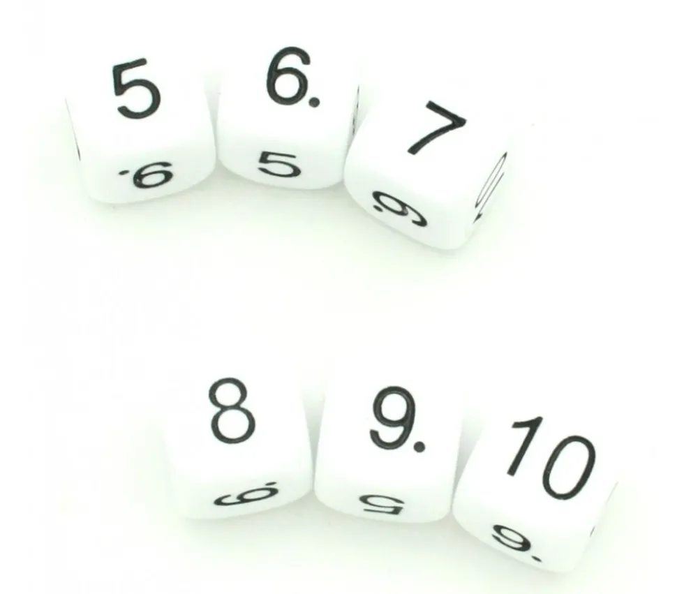 Dé chiffres 5 6 7 8 9 10. Taille 16 mm en BLANC