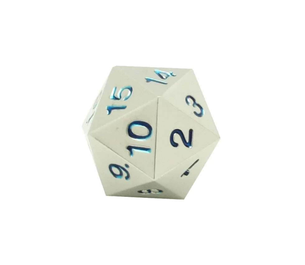 Dé compteur 20 faces en métal argenté chiffres bleus 22 mm