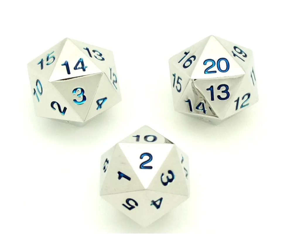 Dé compteur 20 faces en métal argenté chiffres bleus 22 mm