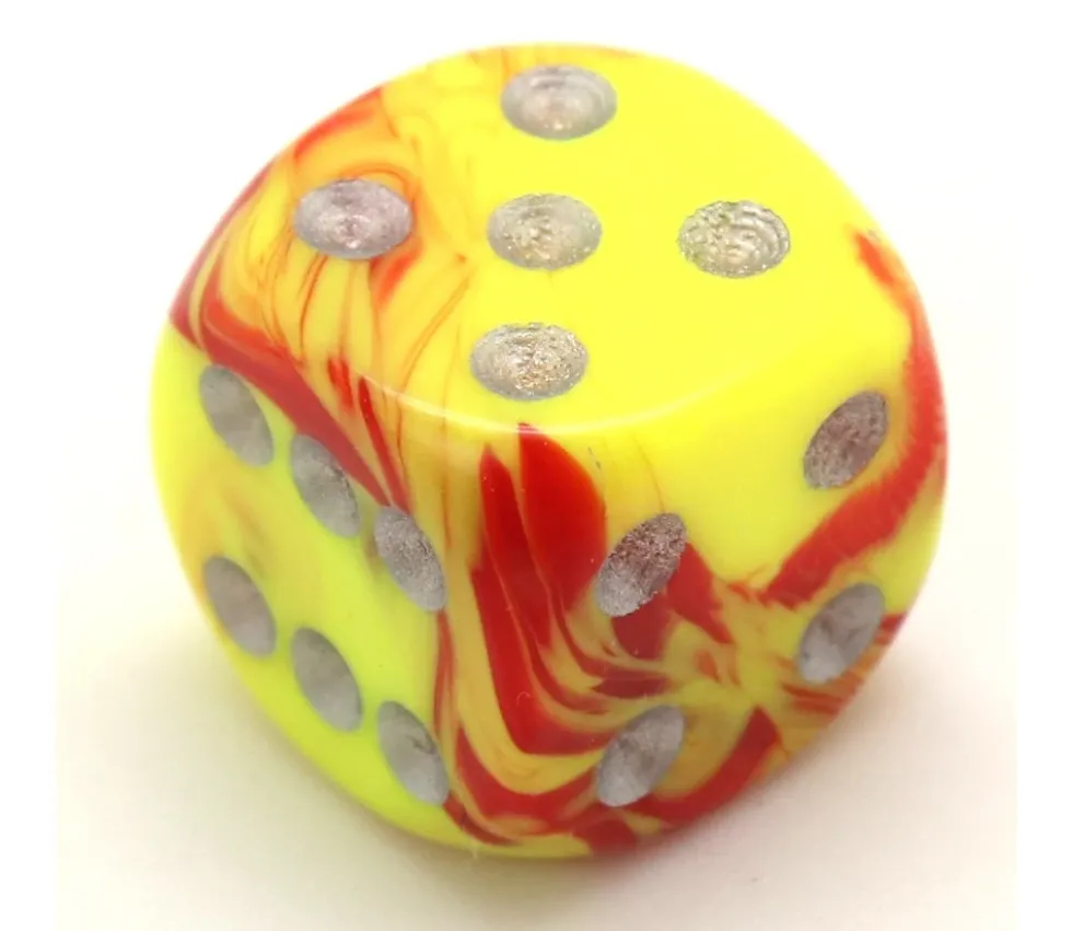 Dé design jaune rouge peps effet artistique 15 mm points argentés