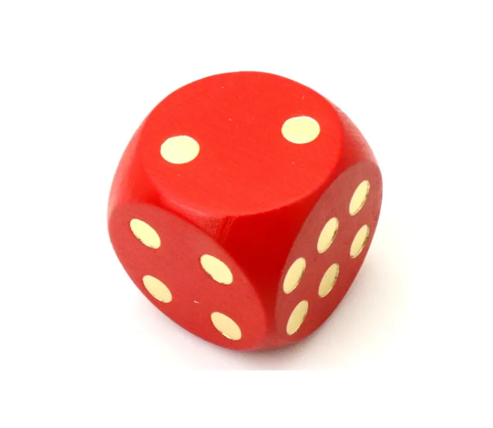 Dé en bois 25 mm rouge de 1 à 6 pour jeux