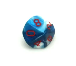 Dé 10 faces glacé nacré bleu-blanc points rouge