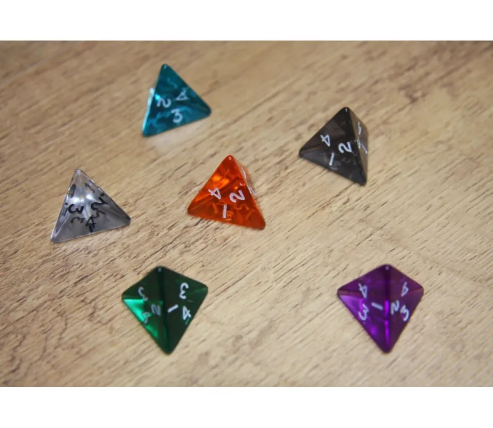 Dé 4 faces pyramide 1 à 4 translucide à l'unité (couleur mise au hasard)
