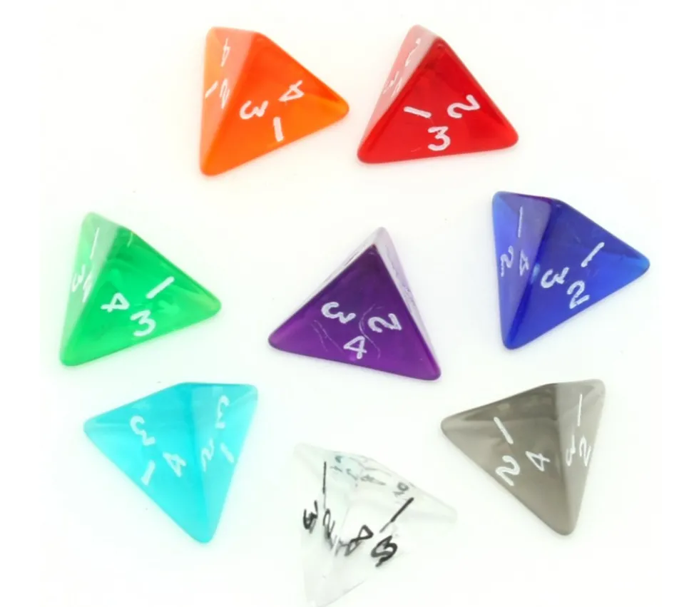 Dé 4 faces pyramide 1 à 4 translucide à l'unité (couleur mise au hasard)
