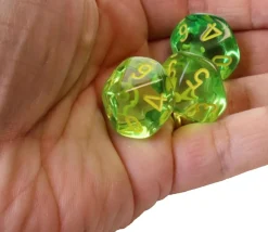 Dé 10 faces translucide vert chiffres jaunes