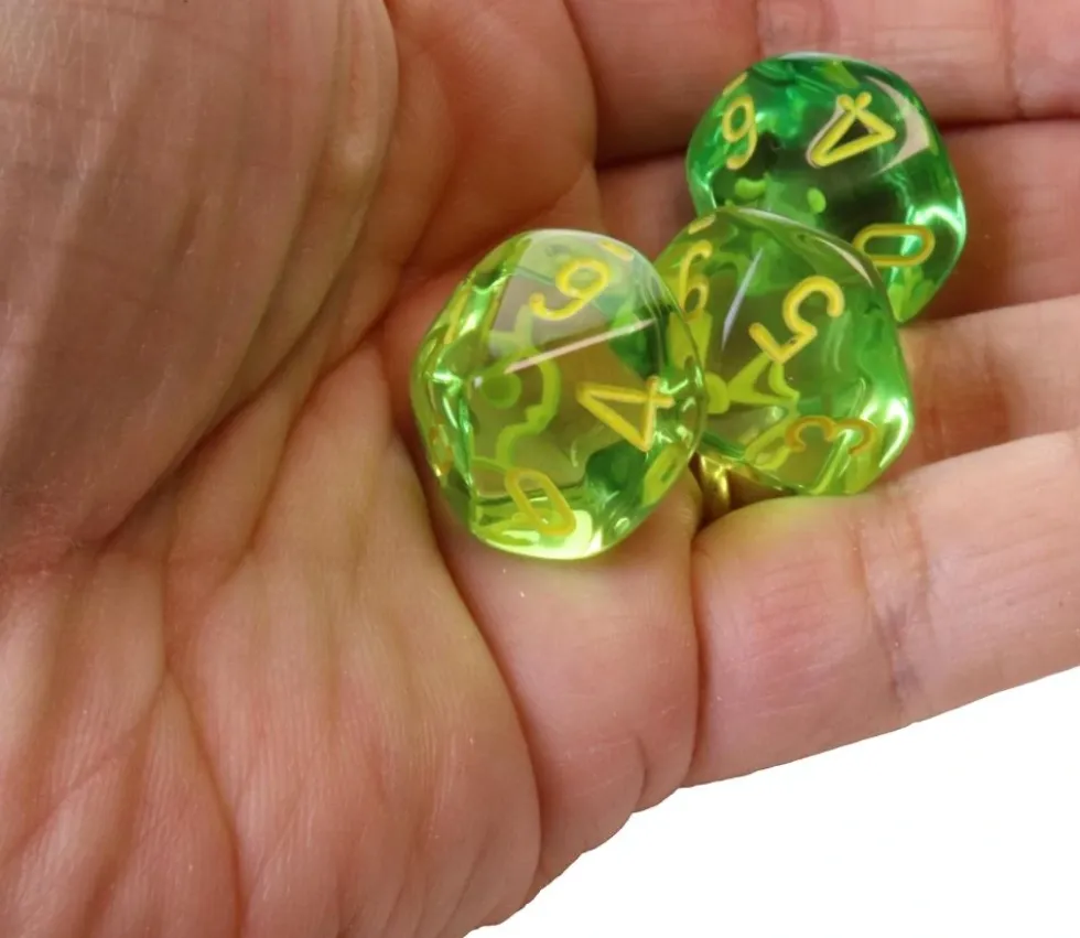 Dé 10 faces translucide vert chiffres jaunes