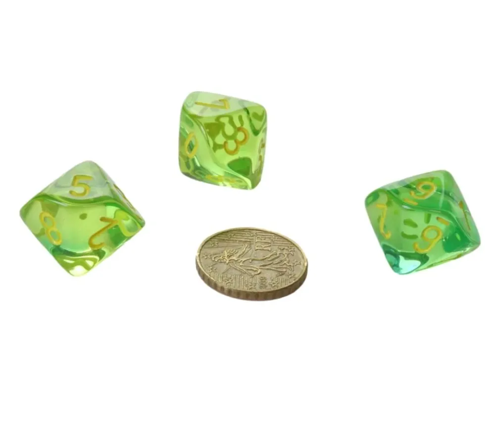 Dé 10 faces translucide vert chiffres jaunes