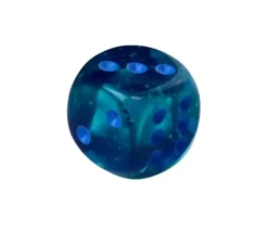Dé à jouer translucide bleu-vert points bleus 16 mm