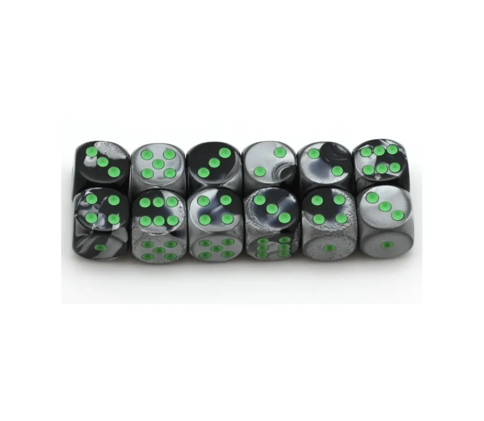 Dé mix argent/noir 16 mm points verts