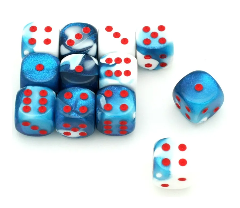 Dé mélange glacé nacré bleu-blanc 16 mm points rouge