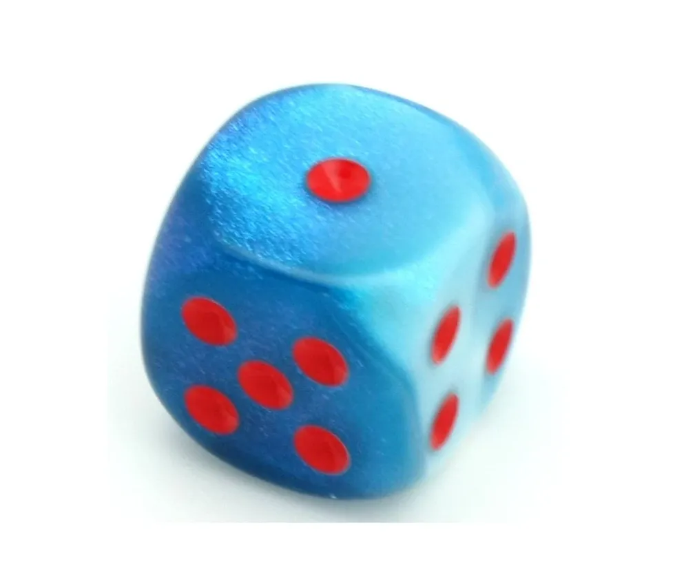 Dé mélange glacé nacré bleu-blanc 16 mm points rouge