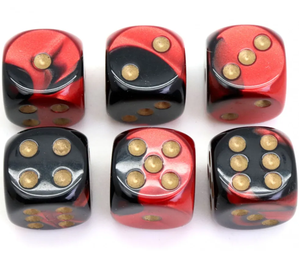 Dé 16 mm effet métallisé noir rouge points dorés