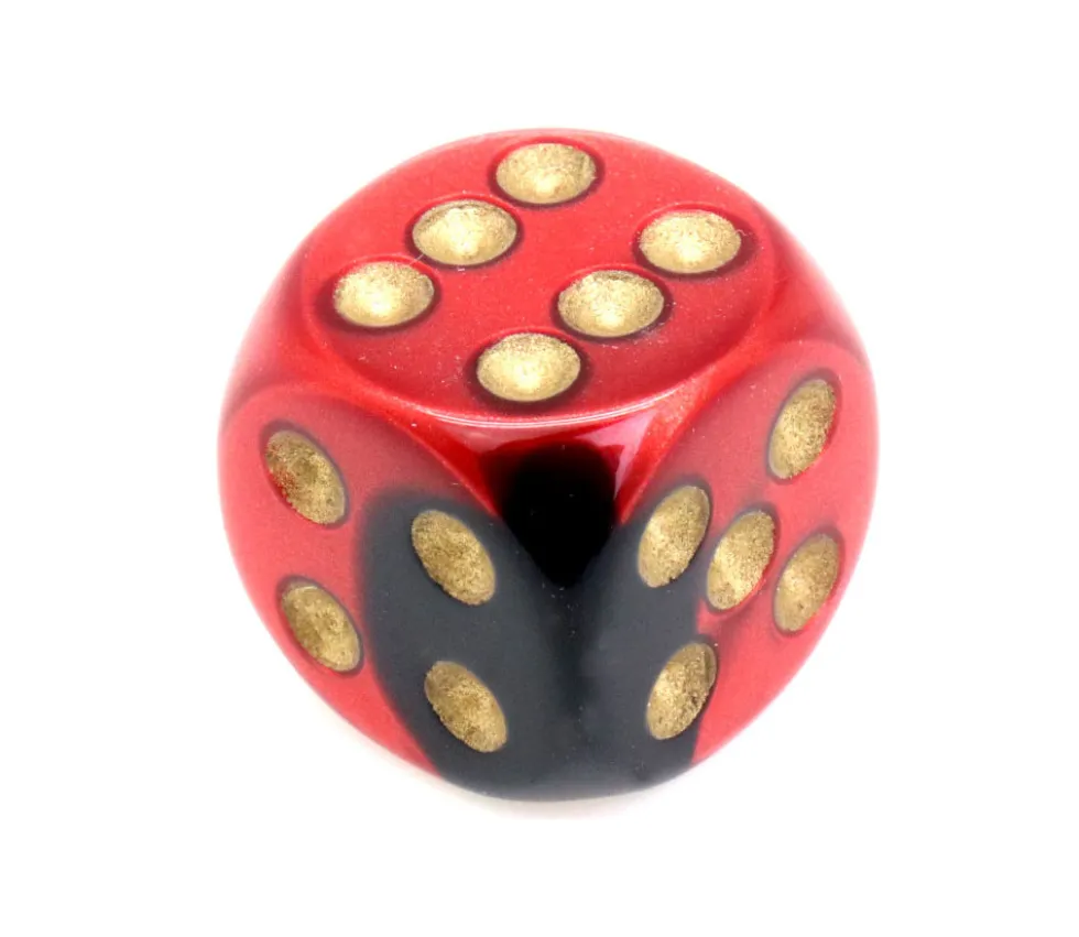 Dé 16 mm effet métallisé noir rouge points dorés