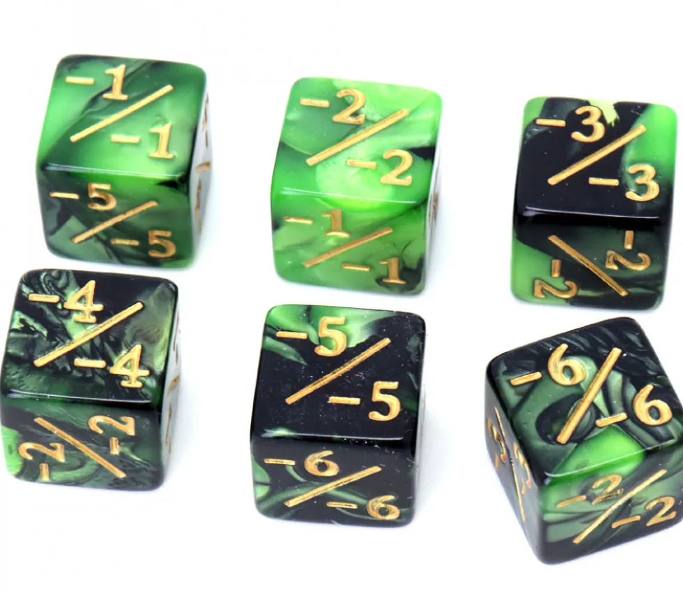 Dé modificateur négatif -1 à -6 noir et vert nacré