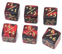 Dé modificateur positif noir et rouge +1 à +6