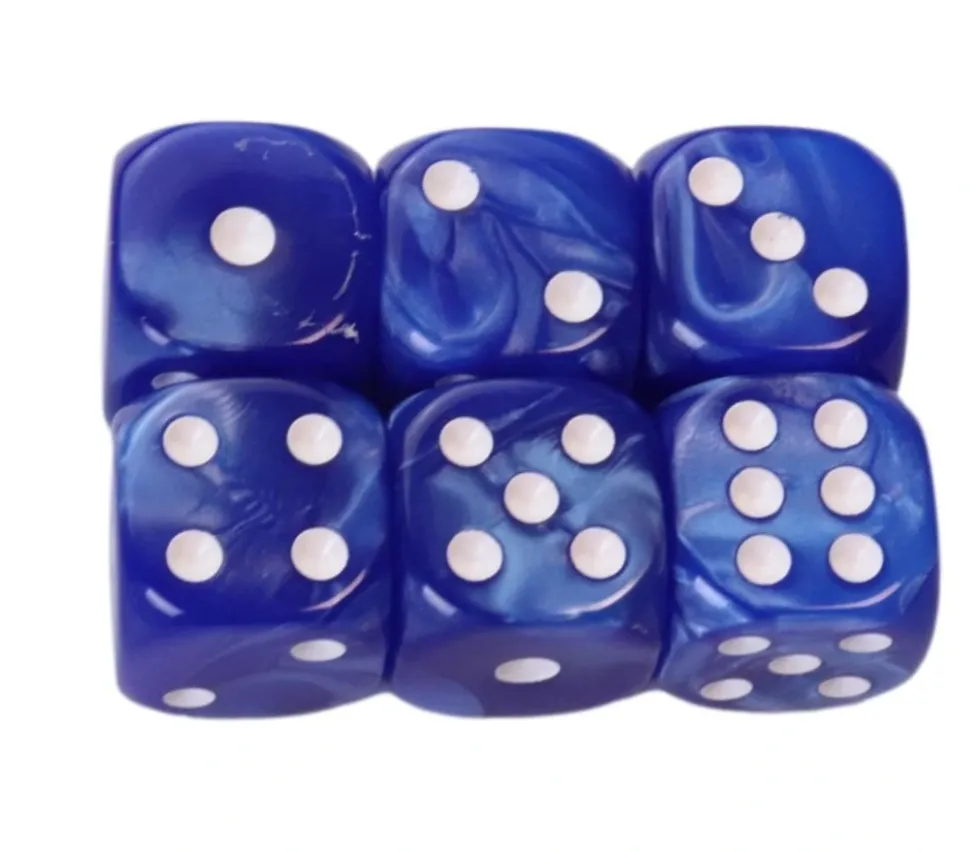 50 Dés bleus perlés nacrés 16 mm avec points 1 à 6