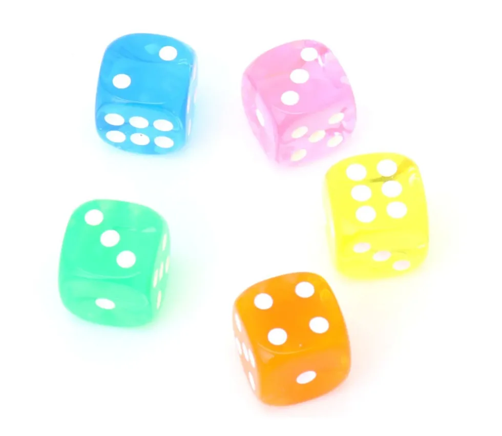 5 Dés de jeux Yams translucides multicolores 16 mm