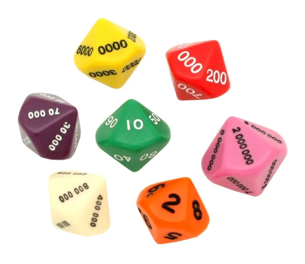 7 dés math valeurs : unité, dizaine, centaine, millier, million 10 faces