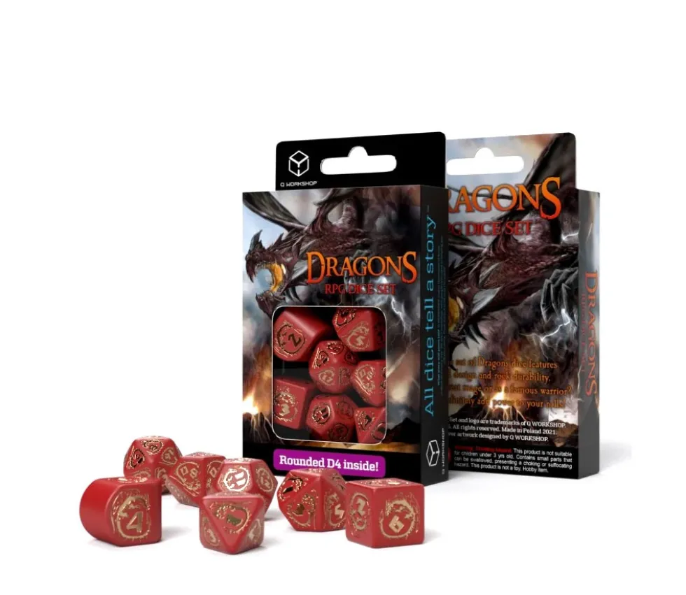 7 dés modernes multi-faces dragons rouge et or