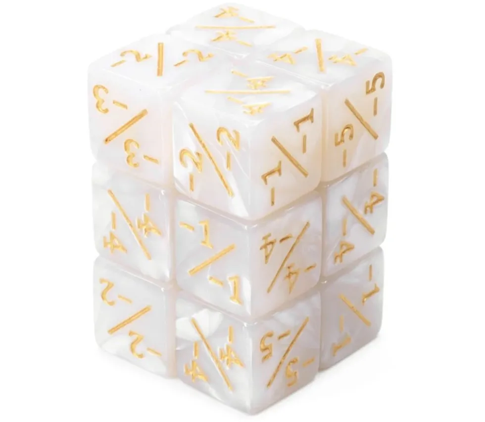 6 Dés modificateurs négatifs -1 à -6 fond blanc et doré