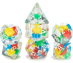7 dés multifaces avec mini meeples à l'intérieur
