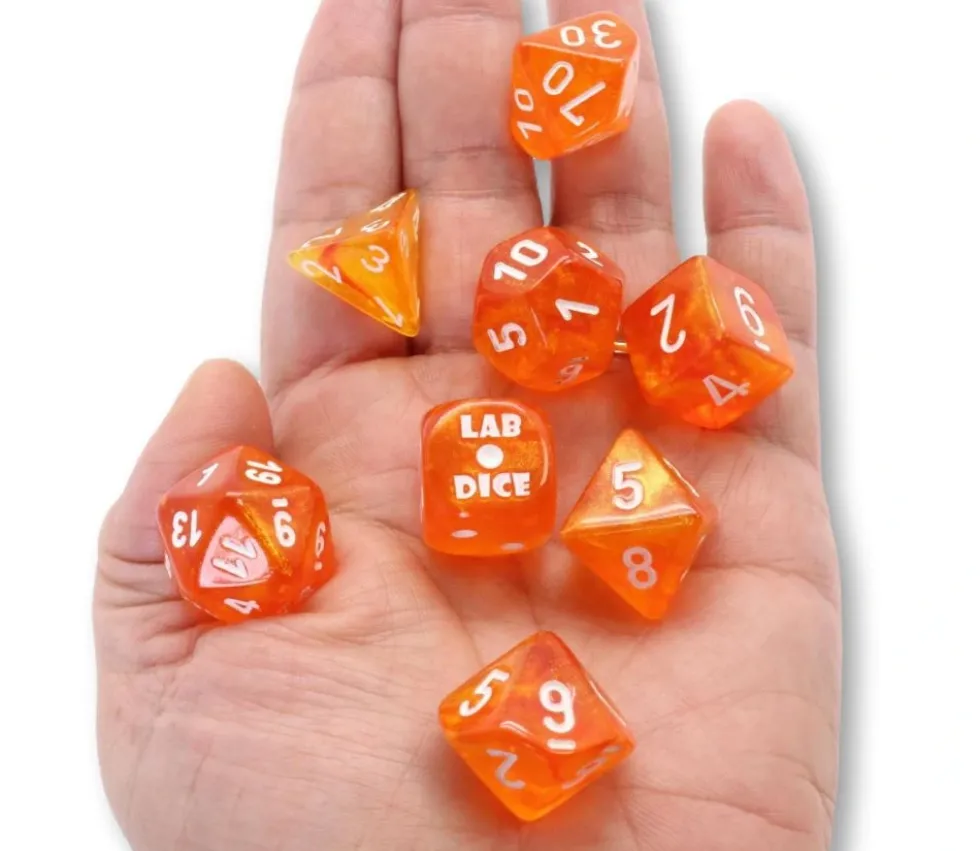 8 dés multi-faces Borealis orange sanguine chessex Lab dice 6