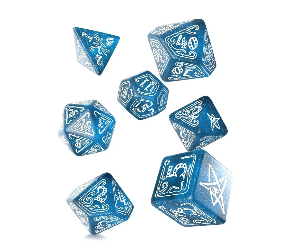 7 dés multifaces Call of Cthulhu Abyssal- bleu et blanc