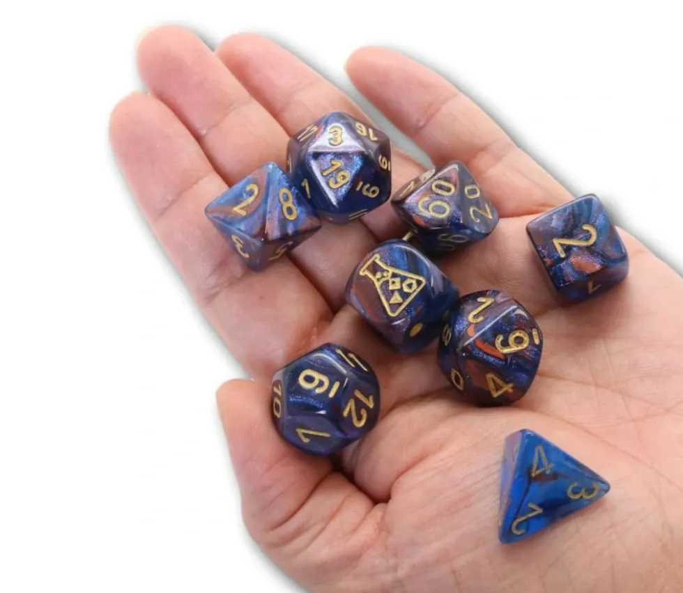 8 dés multi-faces cuivré/bleu chiffres dorés LAB dice 6