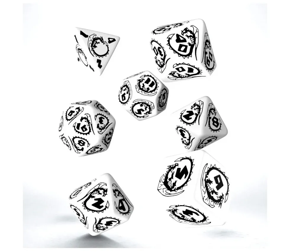 7 dés multifaces effet dragon blanc et noir