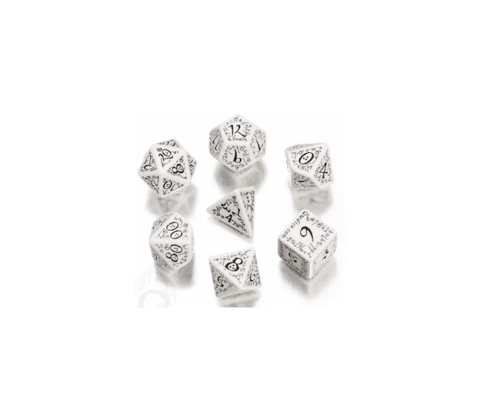7 dés multifaces Elvish blanc et noir - style elfe super gravage