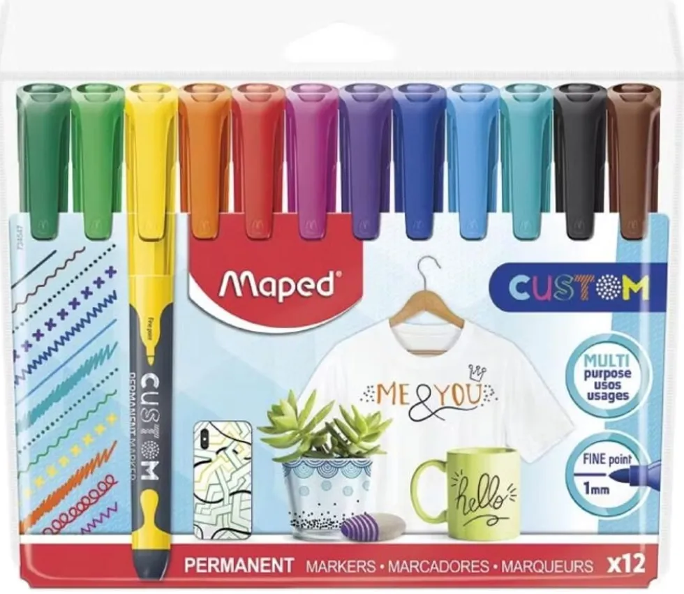 12 Feutres marqueurs couleurs CUSTOM permanents pour personnalisation bois, plastique, carton